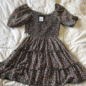 art class Black Floral Smocked Puff-Sleeve Dress with Pink & White Flowers